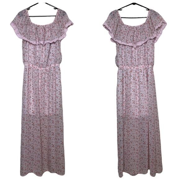 Bongo Prairie Dress Floral Pink Cinched Waist Sheer Cottage Core Maxi Size XL - Picture 1 of 4